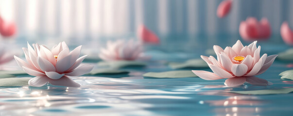 Floating 3D lotus flowers create peaceful scene in calm water, with soft pink petals and green leaves. gentle ripples enhance beauty of this environment