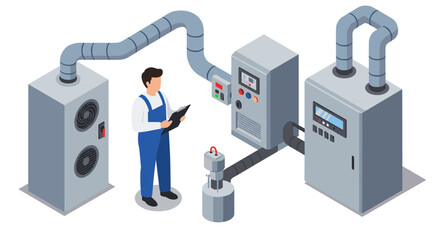 Isometric industrial scene with technician and machinery for factory automation