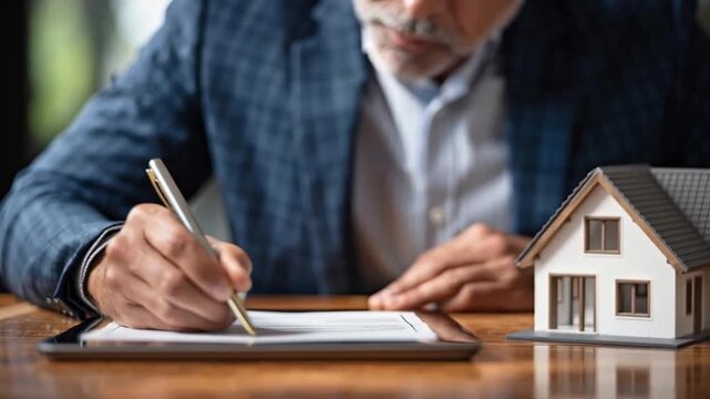 Digital mortgage process with document signature using pen, house model on desk, businessman signing digital contract in professional office
