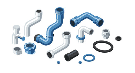 Isometric plumbing components and fittings collection for construction design