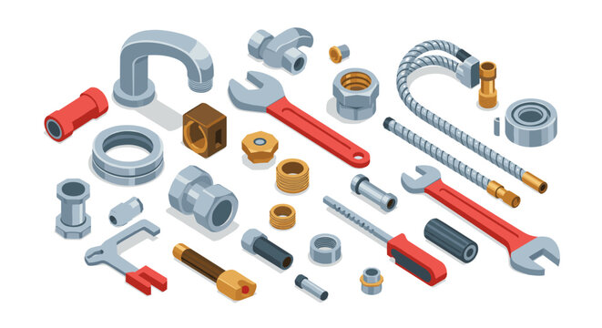 Isometric tools and plumbing components collection with wrenches and pipes