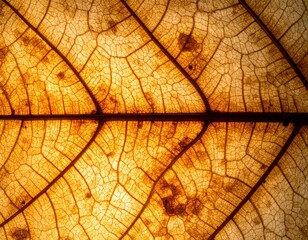Obraz premium Golden autumn leaf macro texture with detailed veins and warm backlight
