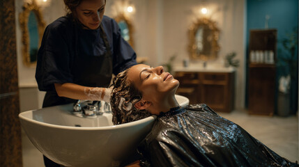 Hairdresser washing client’s hair at salon basin while customer relaxes