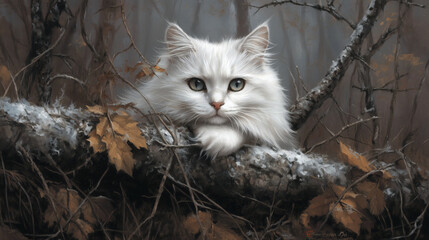 White long-haired cat in autumn forest on frosty log, fantasy art