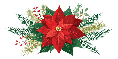 Poinsettia Christmas Decoration Vector,Festive Red Flower and Evergreen Arrangement,Holiday Floral Composition Vector,Christmas Floral Ornament Illustration Red flower vector,Red flower design,