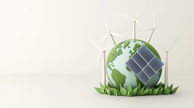 Eco friendly globe with wind turbines and solar panels, symbolizing renewable energy and sustainability. This represents commitment to greener future