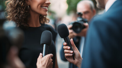 Journalists holding microphones during an interview with a female leader