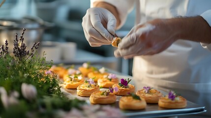 Chef Decorating Mini Food Appetizers with Flowers in Kitchen