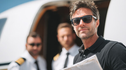Man with sunglasses holding documents beside open aircraft door, with flight crew behind
