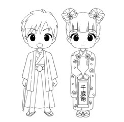 七五三のかわいい男の子と女の子の白黒イラスト