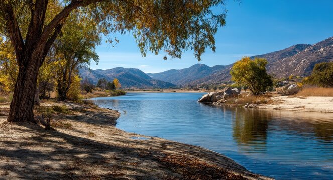Scenic Serenity at Perris: A Tranquil Lake Embraced by Nature's Beauty in Autumn Hues