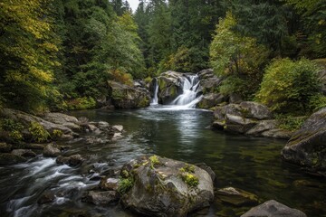 Fototapeta premium Stunning Whatcom Falls: A Breathtaking Cascade Amidst Lush Green Forests and Serene Waters in Bellingham, Washington