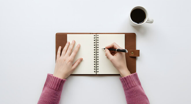 Woman writing notes in leather notebook with coffee on table   - Powered by Adobe