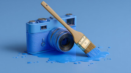Minimalist creative concept combining a blue vintage camera and a paintbrush