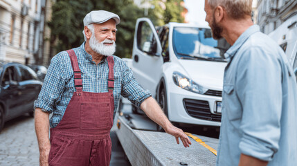 Middle-aged man assisting with roadside towing service