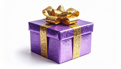 Glossy purple gift box with glittery gold ribbon and bow on light surface with confetti
