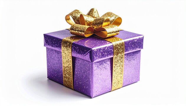 Glossy purple gift box with glittery gold ribbon and bow on light surface with confetti - Powered by Adobe