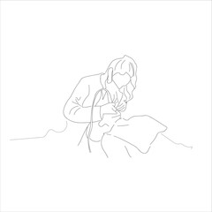 Dentist examining a male patient's teeth. line art
