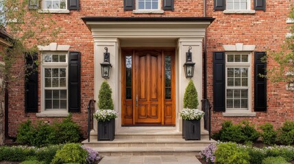 Obraz premium Charming Facade of Two-Story Brick Home Featuring Elegant Wood Grain Front Door with Sidelights