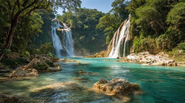 Breathtaking Tamul Waterfall: Crystalline Blue Oasis in Huasteca Potosina's Lush Landscape