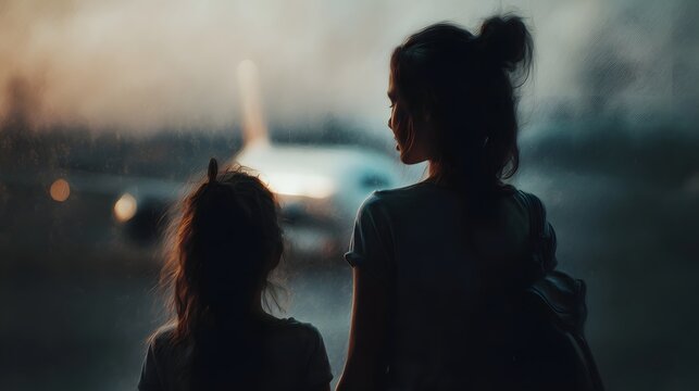 Mother and daughter look out airport window at airplane anticipating travel