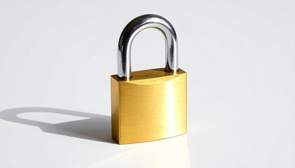 Fototapeta premium Brass padlock with silver shackle standing upright on light surface with neutral background