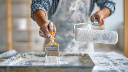 Painter pouring white paint into tray and preparing roller for use