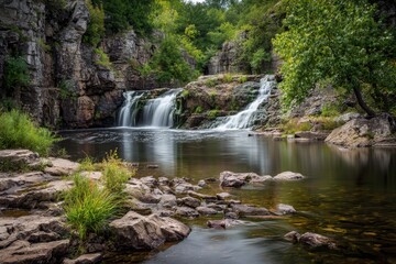 Serene Willow Falls in Hudson Wisconsin: A Summer Cascade at Willow River State Park with Selective Focus and Beautiful Background Blur
