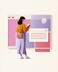 Woman in yellow sweater using a phone in front of a stylized social media interface.