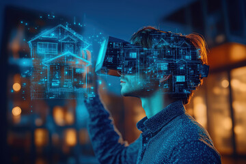 man wearing virtual reality headset interacts with digital representation of house, futuristic technology in urban setting