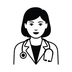 Black and white illustration of a female doctor with a stethoscope