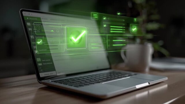 Digital mortgage process approval on laptop screen with green checkmark glowing, symbolizing efficiency and approval in modern workspace