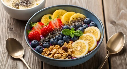 Healthy breakfast bowl with fresh tropical fruits, chia seeds, granola, colorful composition on a rustic wooden table, natural light.