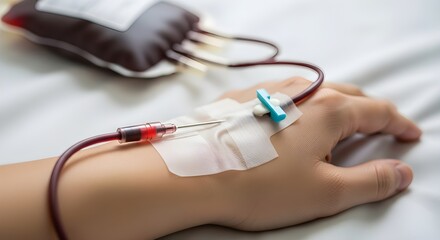 High-resolution medical stock photo of IV blood transfusion, patient’s hand with needle and tube connected to red blood bag, sharp detail, natural lighting, hospital background.