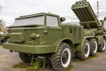 Soviet and Russian multiple rocket launchers. Field jet complex. A combat vehicle mounted on a...