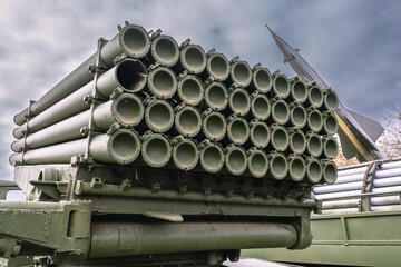 Soviet and Russian multiple rocket launchers. Field jet complex. A combat vehicle mounted on a...
