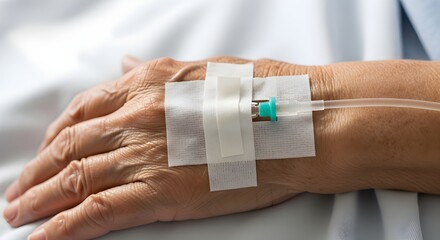 Professional healthcare photo of elderly wrinkled hand connected to IV drip, sharp focus, natural light, clean clinical setting, realistic hospital stock image.