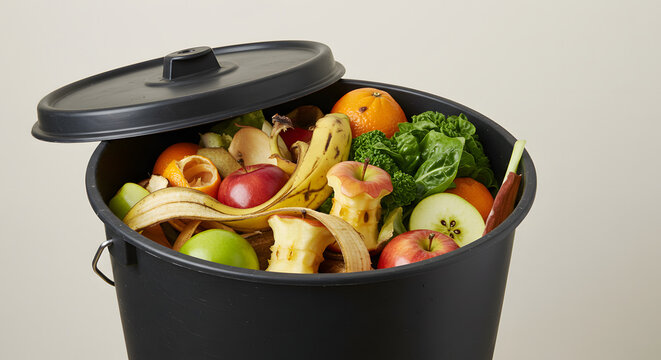 Compost bucket filled with vegetable and fruit scraps on white background  