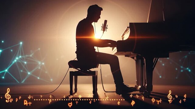 Silhouette of a Musician Playing Piano Under Dramatic Lighting with Digital Music Elements in
