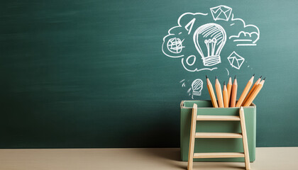 Creative chalkboard scene with colored pencils and light bulb doodles