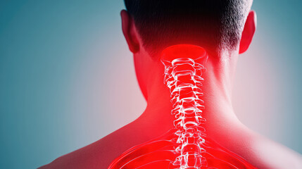 detailed illustration of human neck and spine, highlighting cervical vertebrae with glowing red effect, symbolizing pain or discomfort. This emphasizes anatomical structure and potential issues