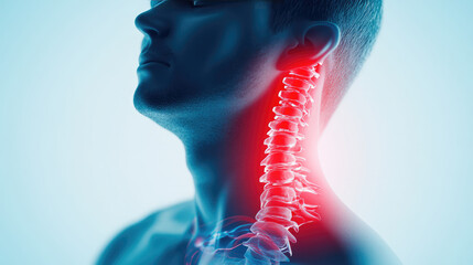 Realistic depiction of human neck anatomy highlighting cervical spine with glowing effect, emphasizing vertebrae structure and surrounding muscles