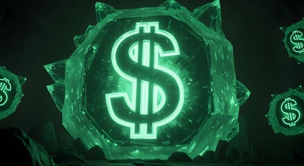 Dollar sign carved into a giant glowing crystal.