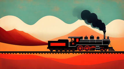 vintage steam locomotive travels across colorful desert landscape, with mountains in background and vibrant sky. scene evokes sense of adventure and nostalgia