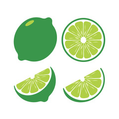 Fresh ripe lime fruit whole sliced and wedge pieces tropical citrus food and drink ingredient silhouette