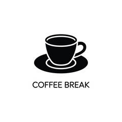 Simple black icon of a coffee cup and saucer with text