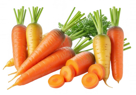 Orange yellow carrots with green tops isolated on a transparent background