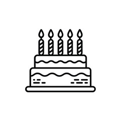 Simple line art icon of a two tiered birthday cake with candles