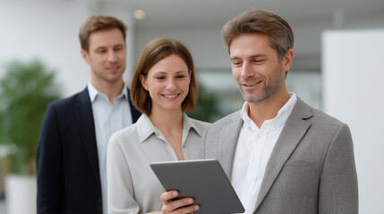 Team analyzing data on a tablet, digital innovation in business strategy, technology advancement in decision-making, smart solutions for modern analytics tools