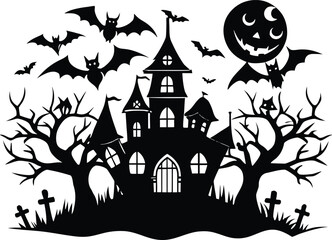 Halloween halloween silhouette illustration featuring a haunted house, bats flying around, a scary pumpkin moon, and bare trees with graves